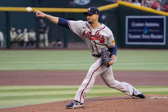 Jun 2, 2023; Phoenix, Arizona, USA; Atlanta Braves starting pitcher Charlie Morton (50) pitches against the Arizona Diamondbacks during the first inning at Chase Field.
